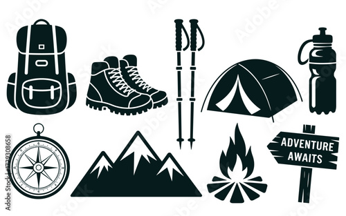 Essential outdoor adventure gear icons backpack boots trekking poles tent compass mountains campfire signboard