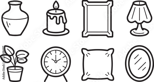 Black and white line art icons of household items including vase, lamp, clock, mirror, plant, pillow, frame, candle.