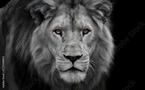 Grayscale Close-Up of Lion Face with Amber Eyes on Black Background, High-Contrast Wildlife Portrait Highlighting Regal Expression, Fur Texture, and Artistic Power