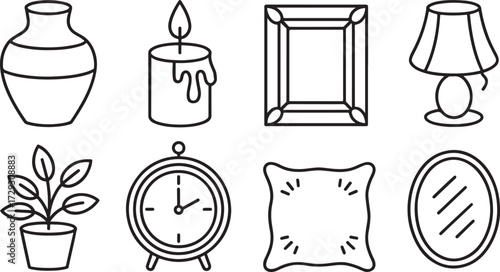 Black and white line art icons of household items including vase, lamp, clock, mirror, plant, pillow, frame, candle.