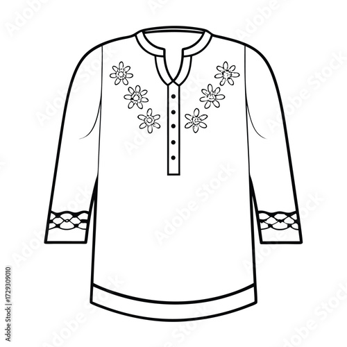 Black and white line drawing of a tunic clothing fashion