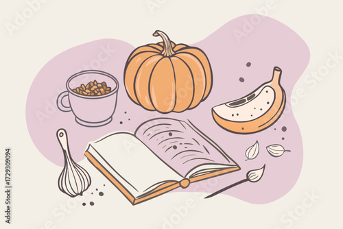 Autumn Culinary Inspiration: Open Cookbook with Pumpkin, Spices, and Seasonal Ingredients on Artistic Background