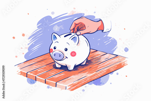 Hand Placing Coin into Piggy Bank on Wooden Table - Modern Illustrative Concept of Savings and Financial Growth