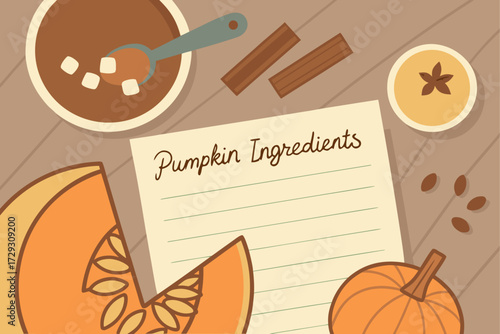 Autumn Pumpkin Recipe Ingredients with Cinnamon and Marshmallows on Rustic Background