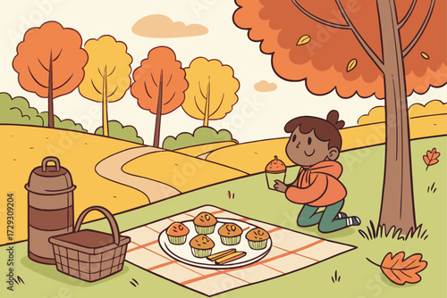 Child Enjoying Autumn Picnic with Muffins in Scenic Park Setting
