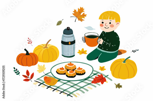 Cozy Autumn Picnic: Child Enjoying Cup of Tea with Pumpkins, Muffins, and Colorful Leaves