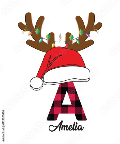 Christmas Reindeer Antlers Letter A with Santa Hat Personalized Name Design