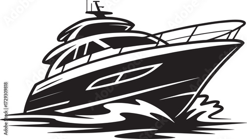 Sleek black and white illustration of luxury yacht in motion with modern lines, water waves, and brand name detail.