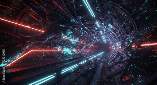 Abstract digital tunnel with neon lights and futuristic technology