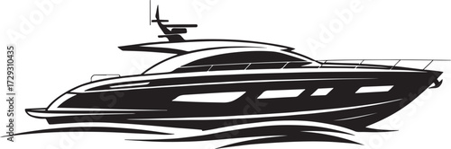 Sleek black and white illustration of luxury yacht in motion with modern lines, water waves, and brand name detail.