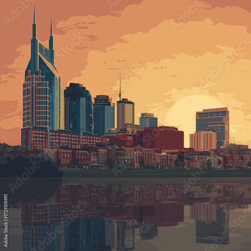 Cityscape of Nashville, city of USA, attractive touristic advertisement poster, beautiful touristic must-see destination. Beautiful tourist destination in USA. Big city with in Tennessee.