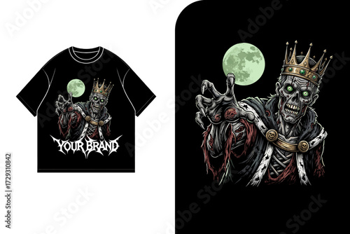 A design showcasing a spooky king skeleton with a crown, reaching towards the viewer, under a glowing moon.
