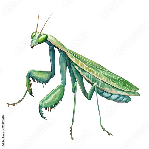 Praying Mantis, watercolor illustration vector, isolated on a white background.