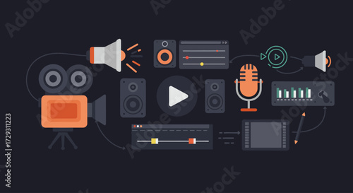 A sleek flat design illustration presenting a comprehensive collection of icons for digital production and multimedia content creation. 
