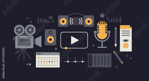 A sleek flat design illustration presenting a comprehensive collection of icons for digital production and multimedia content creation. 
