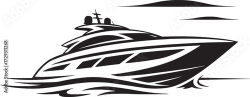 Sleek black and white illustration of luxury yacht in motion with modern lines, water waves, and brand name detail.