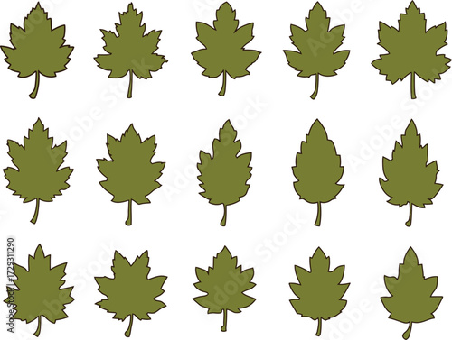 Set of Various Green Leaf Silhouettes on a White Background - Ideal for Nature and Design Projects