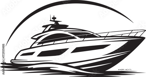 Sleek black and white illustration of luxury yacht in motion with modern lines, water waves, and brand name detail.