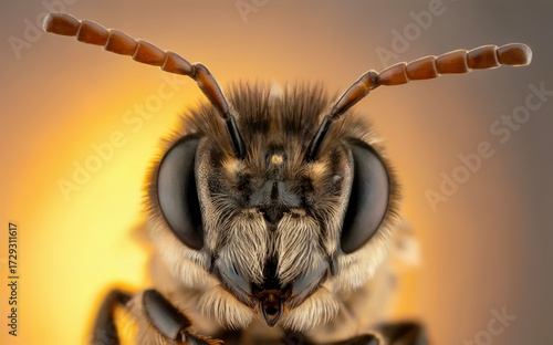 Extreme Macro Photography of a Bee’s Face with Detailed Compound Eyes, Antennae, and Facial Hairs in Warm Lighting, Insect Anatomy Close-Up for Entomology and Educational Us