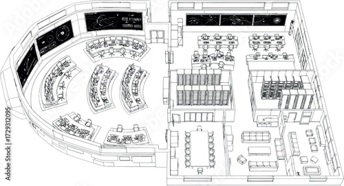 Vector art of blueprint of a modern command center with multiple workstations and meeting rooms