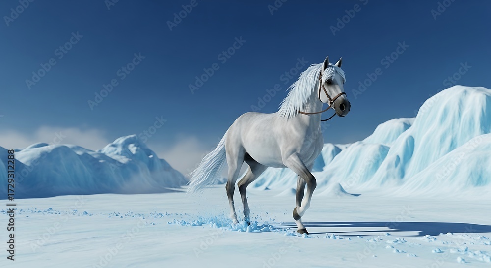 Obraz premium White Horse Galloping in a Snowy Arctic Landscape.