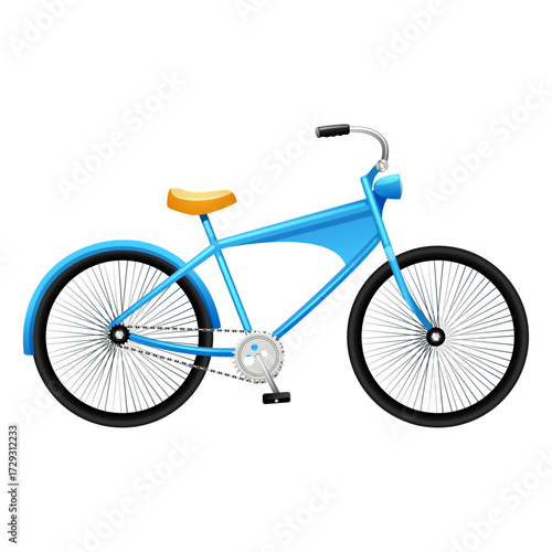 A clean blue bicycle with a yellow seat isolated on a white background