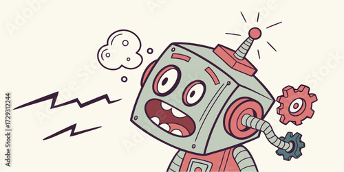 Cartoon robot losing its mind and feeling confused. Tech support or AI gone wrong concept