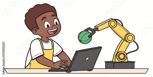 Enthusiastic child enjoys robotics project with laptop and robotic arm, learning STEM