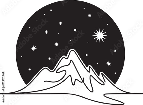 Minimalist mountain range outline under a starry night sky in a circular frame, continuous line art vector logo icon