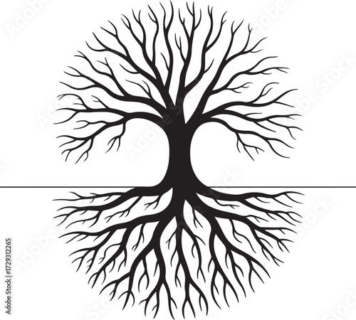 Tree of Life Continuous Line Art with Roots and Branches in a Circular Design