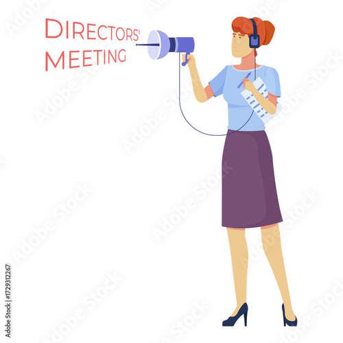 Woman with Megaphone Announcing 'Directors Meeting' with Clipboard and Headphones