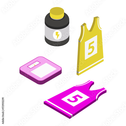 Isometric Fitness and Sports Equipment Collection, Featuring Supplements and Athletic Apparel