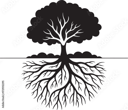 Detailed line art vector of a mighty oak tree with its circular root system visible underground