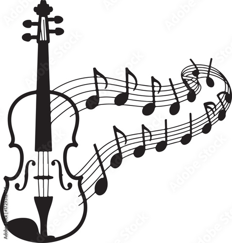Elegant musical notes elegantly flowing from a silhouette of a violin, symbolizing harmony and melody in art