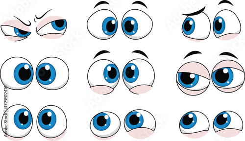 Cartoon expressive eyes vector illustration showing different emotions, funny eyeball expressions, cute blue eyes for comics, animation, kids design creativity.