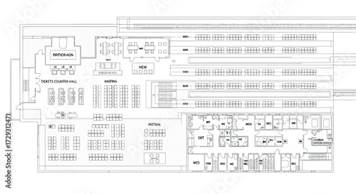 Vector art of architectural blueprint of a large industrial facility showing layout and room divisions