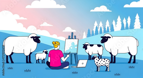 An artist finds creative inspiration in a tranquil outdoor setting, painting a flock of sheep in a whimsical, stylized natural landscape with modern tools and a relaxed approach