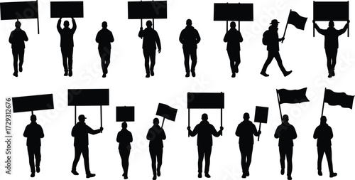 Protest crowd silhouette vector illustration with people holding banners and flags, activism demonstration artwork, political rally march, social movement design.