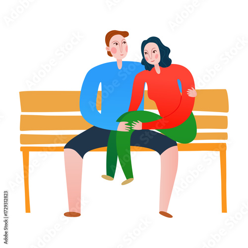 Couple Sitting on a Bench Expressing Affectionate Feelings on a White Background
