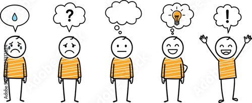 Stick figure character emotions and thinking process illustration showing sadness, confusion, idea, happiness, motivation, concept of emotional expression and creativity.