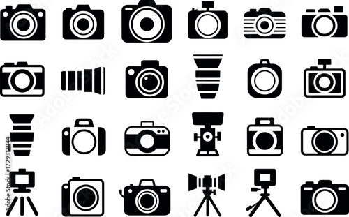 Camera equipment photography vector icons set black and white art