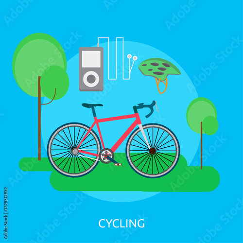 Cycling scene with bicycle helmet music player and trees in flat design style