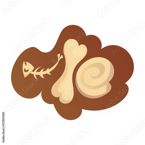 Animal pet food and treats, including bones and fish skeleton, isolated on white background