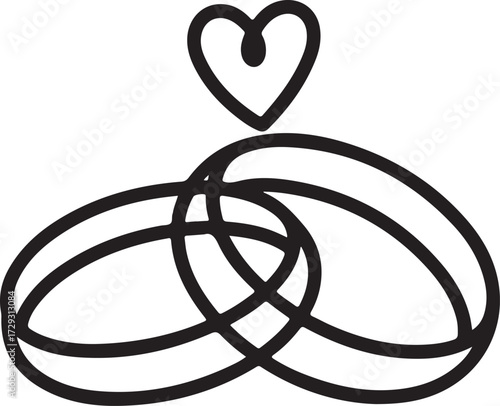 Simple continuous line art illustration of two intertwined wedding rings with a heart symbol above