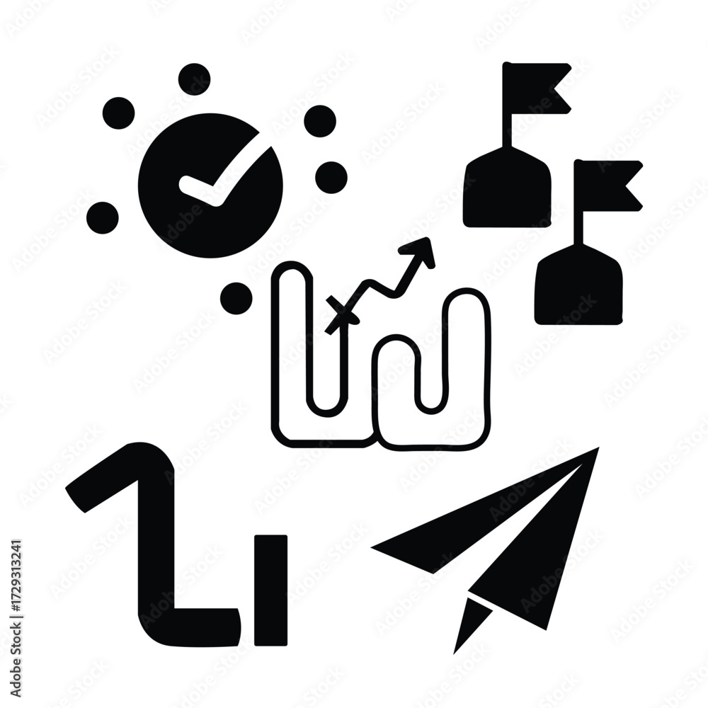 Obraz premium Comprehensive icon collection representing business progress and achievement, with symbols for on-time completion, goals, growth path, and startup launch