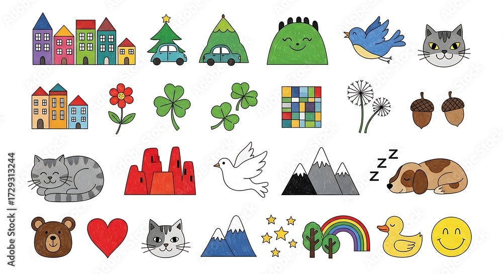 Obraz premium Collection of pixel art icons featuring houses, animals, nature, and objects
