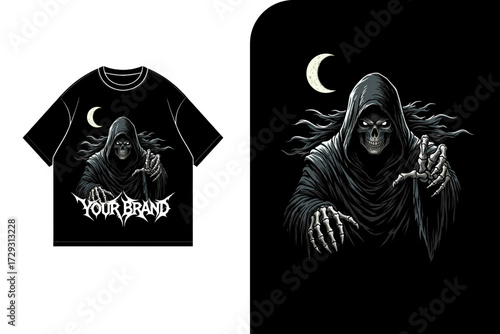 A design featuring a grim reaper illustration, displayed on a black t-shirt and as a standalone artwork.