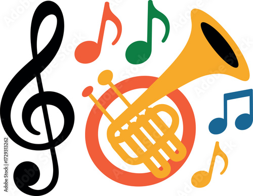 Music notes and french horn illustration for music education art