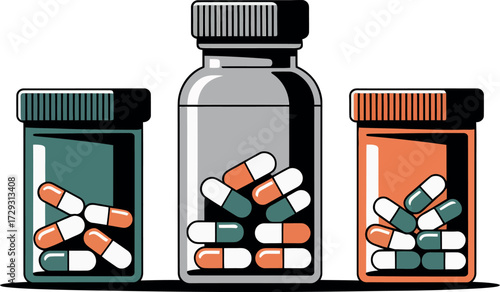 Pills and capsules in bottles medication healthcare pharmacy drugs