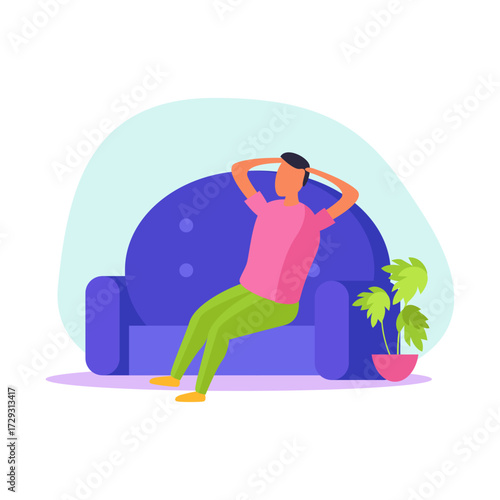 A relaxed person sitting on a blue sofa, enjoying leisure time, with a houseplant nearby